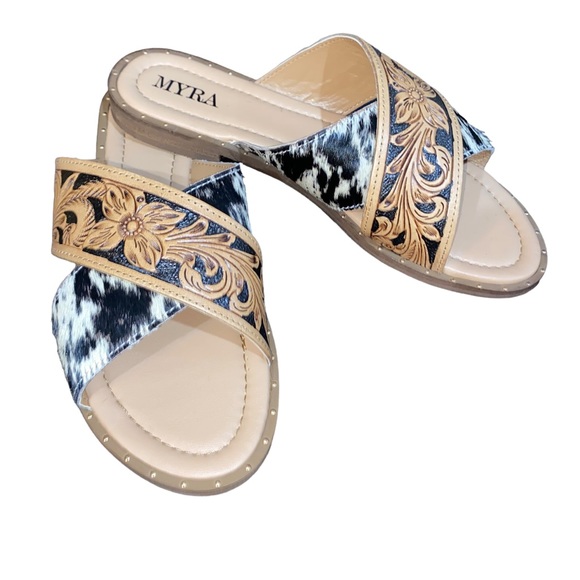 Cowhide and Tooled Leather Sandals - Picture 1 of 2